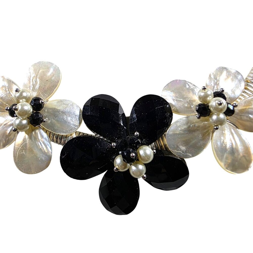 Statement Necklace Gardenia Pearl Black Flower floral MOP fairycore boho jewelry - Picture 2 of 7